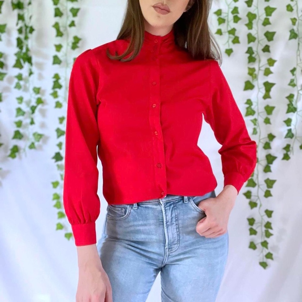 Vintage 70s red mock neck button up blouse